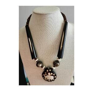 Vintage Black and Cream Chunky Wood and Horn Necklace with Elephant Pendant